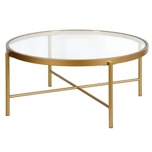 Duxbury 36 in. Brass Finish Square Glass Top Coffee Table