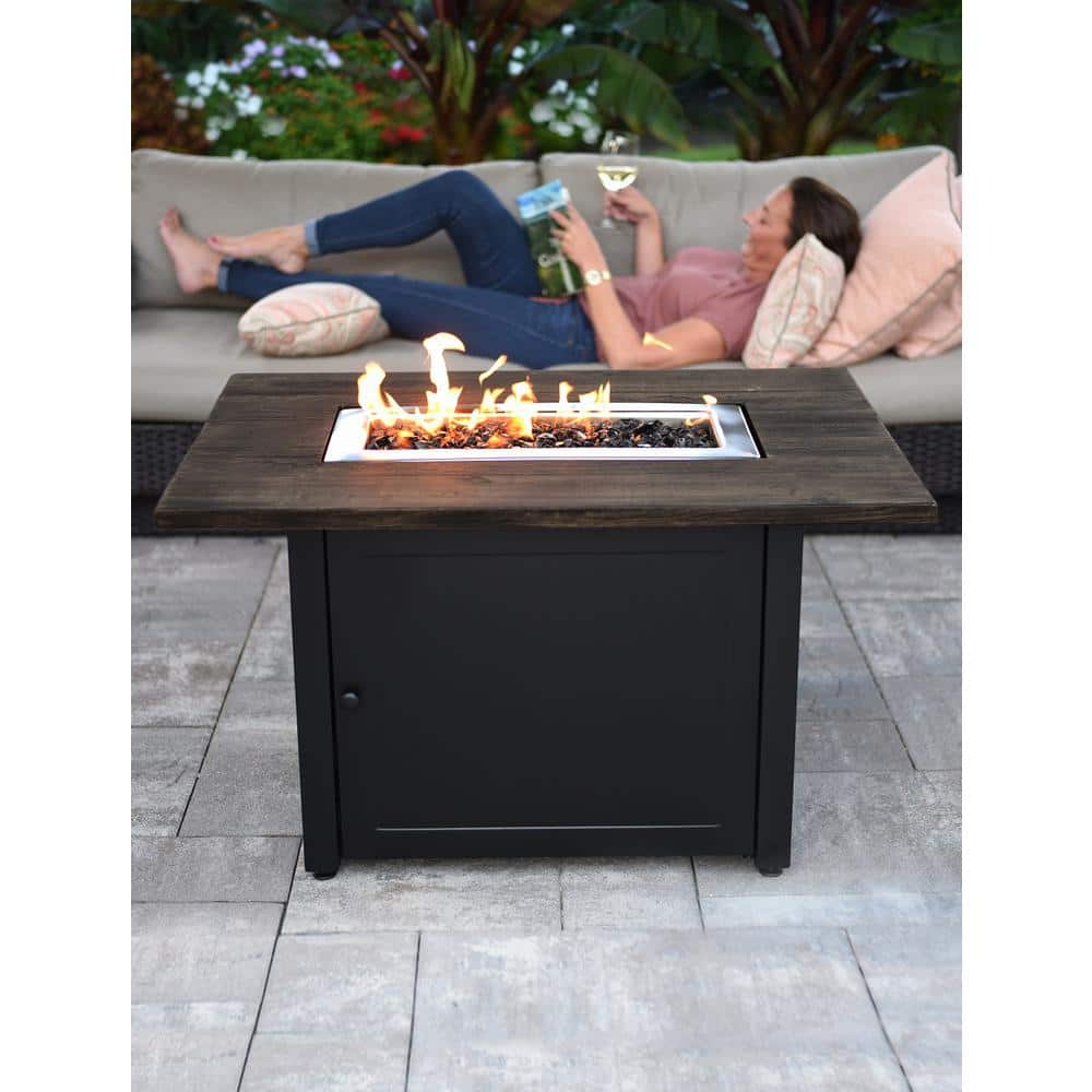 Kamden 40" x 28" Black Steel Gas Fire Pit Table with Faux Wood Mantel