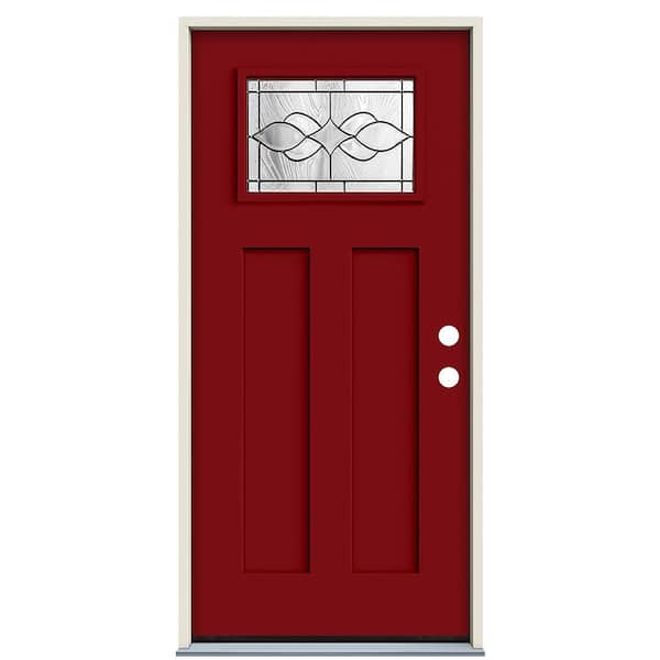 36 in. x 80 in. Left-Hand 1/4 Lite Craftsman Carillon Decorative Glass Cranberry Red Paint Fiberglass Prehung Front Door