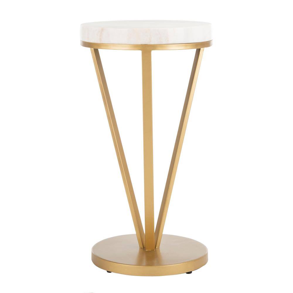 Transitional 14" Round Stone and Metal Accent Table in Gold/White
