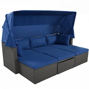 4-Piece PE Wicker Outdoor Day Bed with Blue Cushion and Retractable Canopy Patio Furniture Set Sectional Sofa Seating