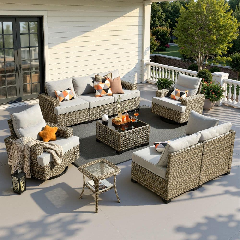 Merritt 9-Piece Wicker Outdoor Patio Conversation Sectional Sofa Set with Swivel Chairs and Light Gray Cushions price history on PriceWatchPro