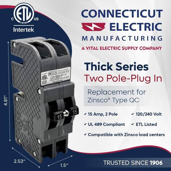 Zinsco New UBIZ Thick 15 Amp 1-1/2 in. 2-Pole Zinsco Type QC15