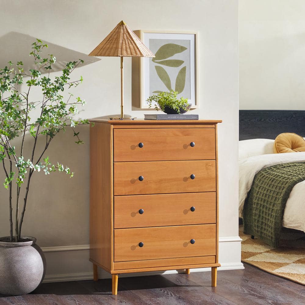 Caramel Mid-Century Modern 4-Drawer Solid Wood Dresser