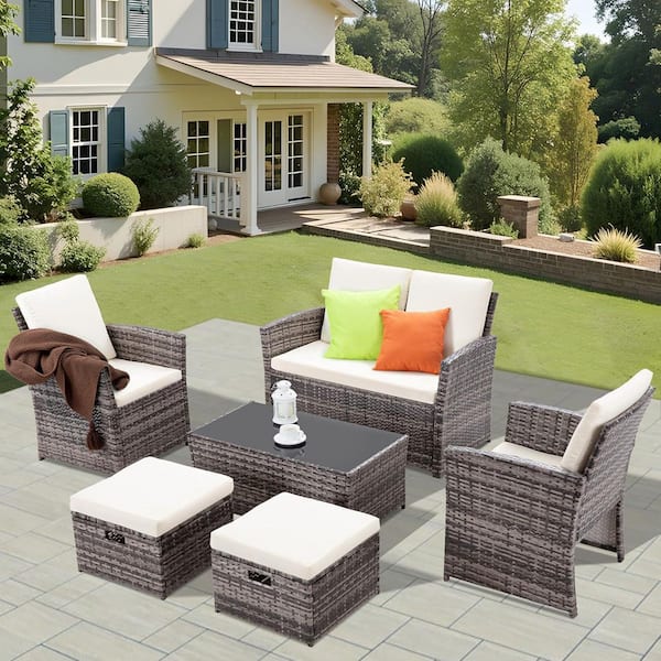 Unbranded 6-Piece Gray Wicker Patio Conversation Set, Outdoor Sectional Furniture with Beige Cushions, 2-Ottomans and Coffee Table