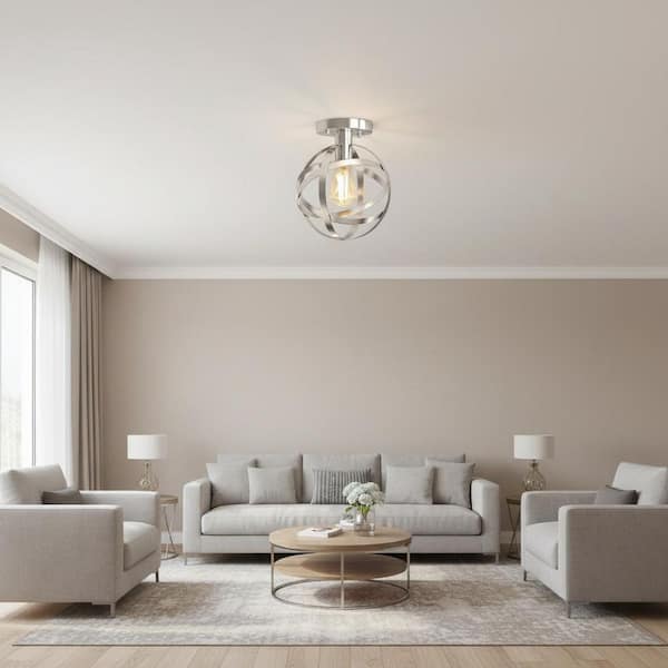 7.87 in. 1-Light Brushed Nickel Globe Semi-Flush Mount Ceiling Light-Classic Fixture for Hallway, Stairway & Porch