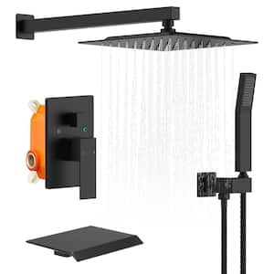 1-Spray 10 in. Square Rainfall Shower Head and Hand Shower with Bathtub Faucet in Matte Black (Valve Included)