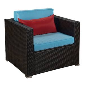 Dark Brown 1-Piece PE Rattan Wicker Outdoor Sectional Sofa with Blue Cushion and Red Pillow