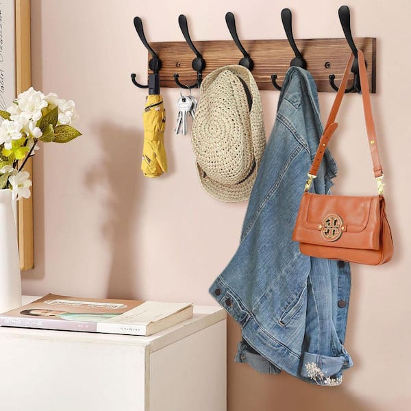 Angel Sar 2-Pack 16.9 in. Brown Wood Wall Mount Coat Rack with 5 Black ...