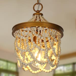 Farmhouse Kitchen Island Beaded Pendant Light 1-Light Antique Gold Bohemia Pendant Light with White Wood Beads