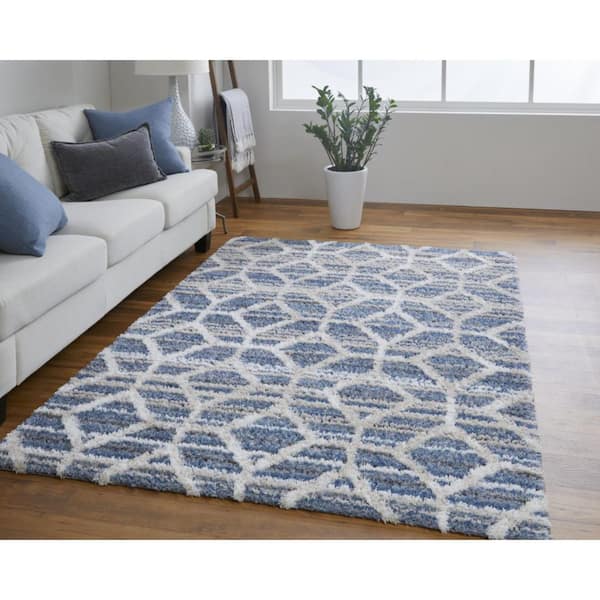 2 X 8 Blue, Ivory Geometric Area Rug