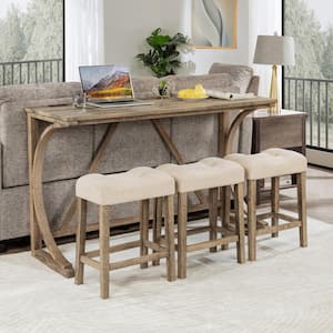 4-Piece Rectangular Farmhouse Brown MDF Wood Top Bar Table Set with Power Outlet and 3 Upholstered Stools Seats 3