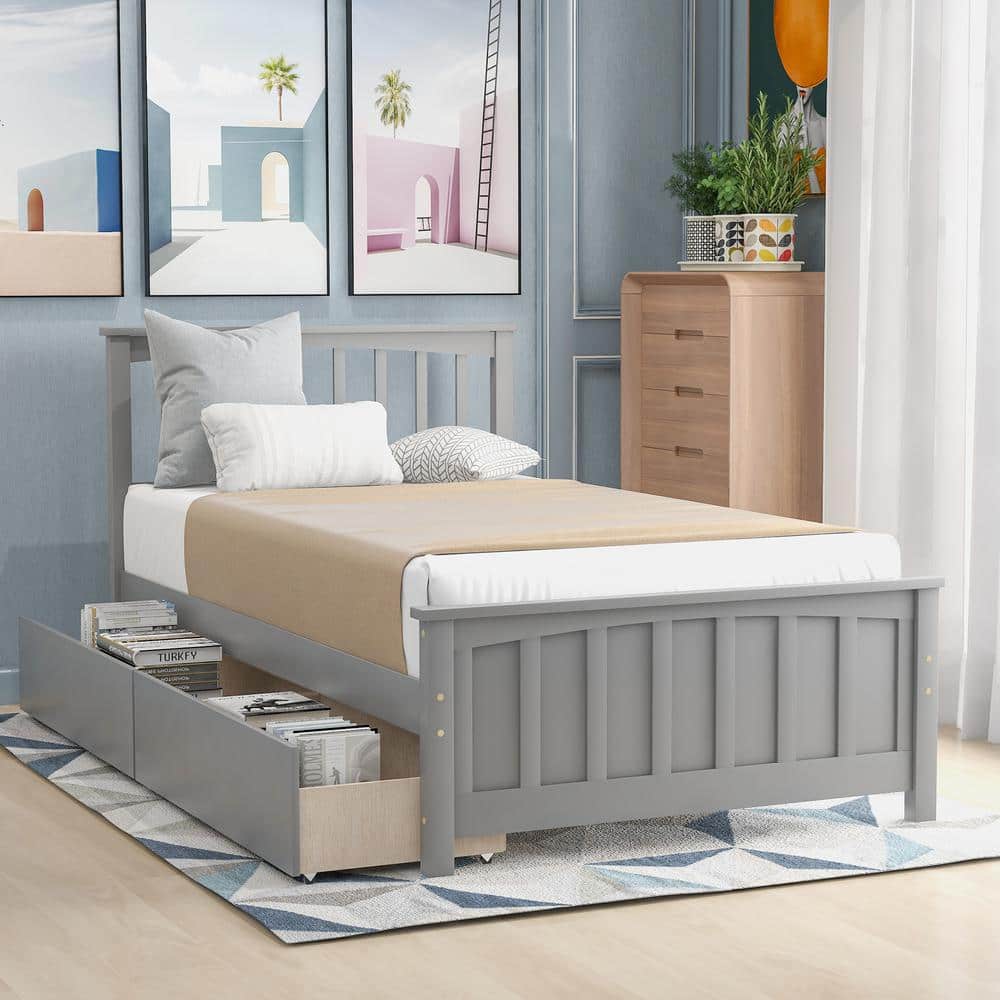 White Wood Frame Twin Size Platform Bed with 2 Storage Drawers
