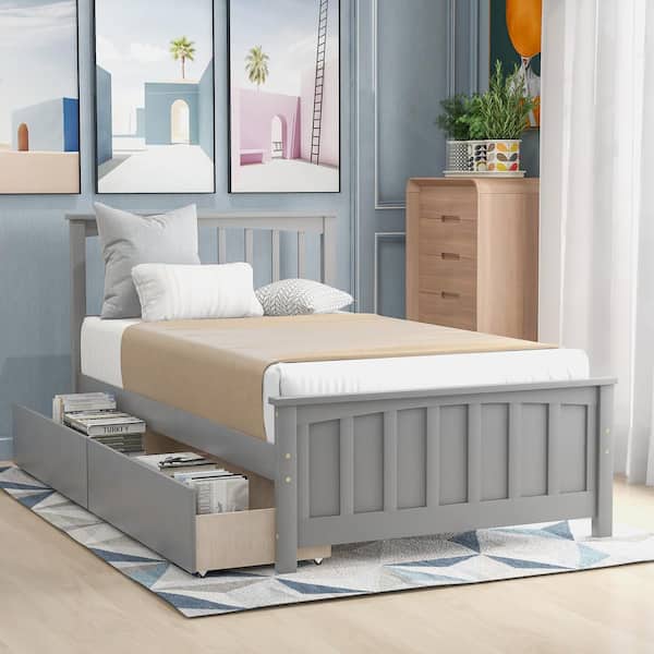 Harper & Bright Designs Gray Wood Frame Twin Size Platform Bed with 2 Storage Drawers