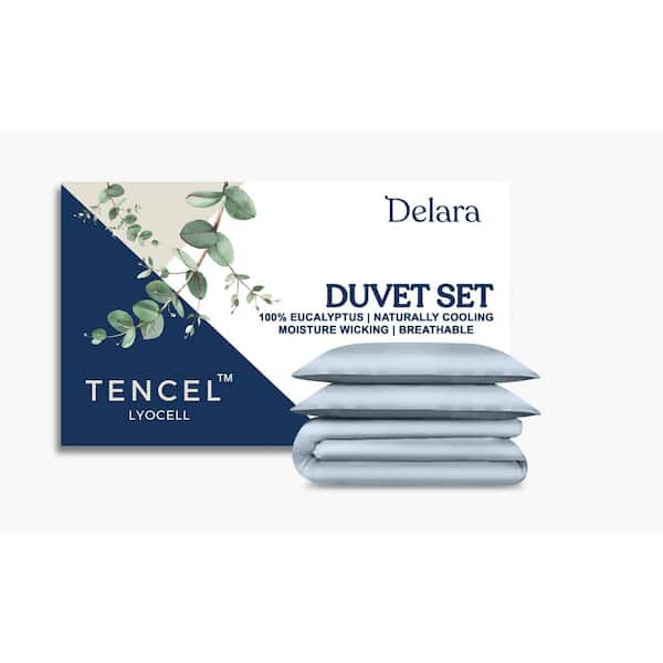 Delara Delara 3-Piece Set-Light Blue Solid 100% Eucalyptus Lyocell Tencel, Queen,Smooth and Breathable,Super Soft Duvet Cover