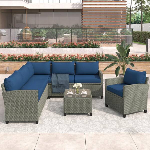 5 Piece Wicker Patio Conversation Set with Blue Cushion and Coffee ...