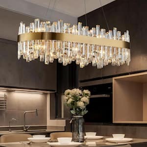 35.4 in. Modern 16-Light Brass Gold Crystal Chandelier Rectangular 2-Tiers Oval Light Fixture for Dining Kitchen Island