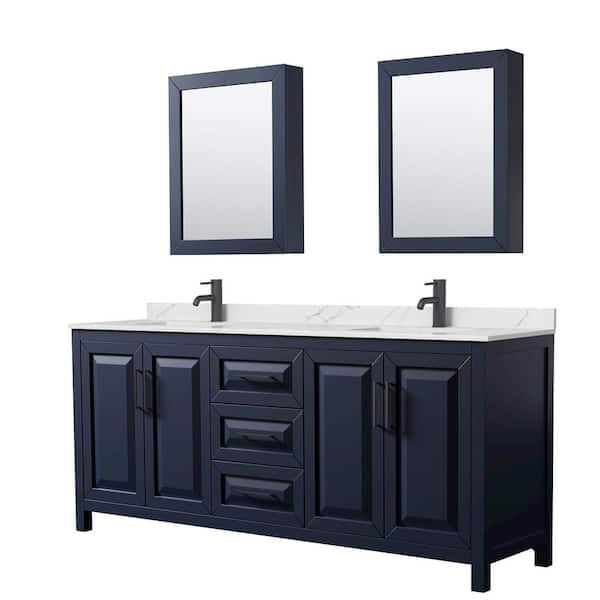 Wyndham Collection Daria 80 in. W x 22 in. D x 35.75 in. H Double Bath Vanity in Dark Blue with Giotto Quartz Top and Mirrors