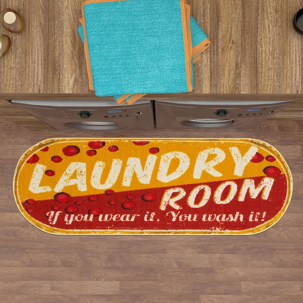 Laundry Collection Non-Slip Rubberback Bubbles 2x5 Laundry Room Runner Rug, 20 in. x 59 in. Oval, Red/Yellow