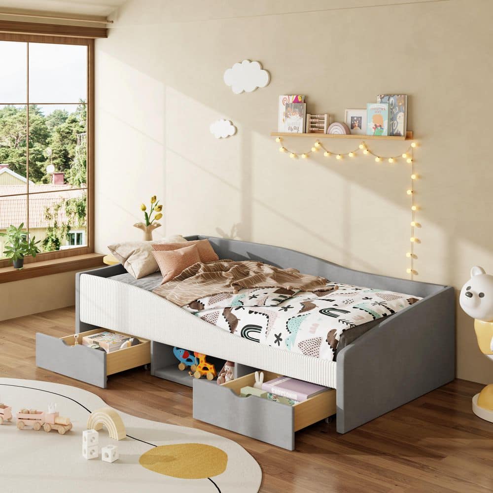 Gray Twin Size Corduroy and Velvet Upholstered Daybed with Safety Guardrails, Padded Storage Shelf and 2 Drawers price history on PriceWatchPro