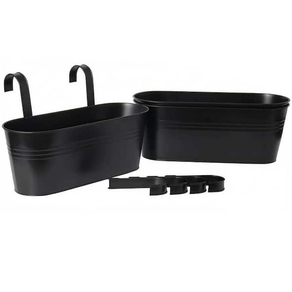 3-Pack Large 16 in. Metal Balcony Hanging Planters with Detachable Hooks and Drain Holes, Black Oval Railing Planters