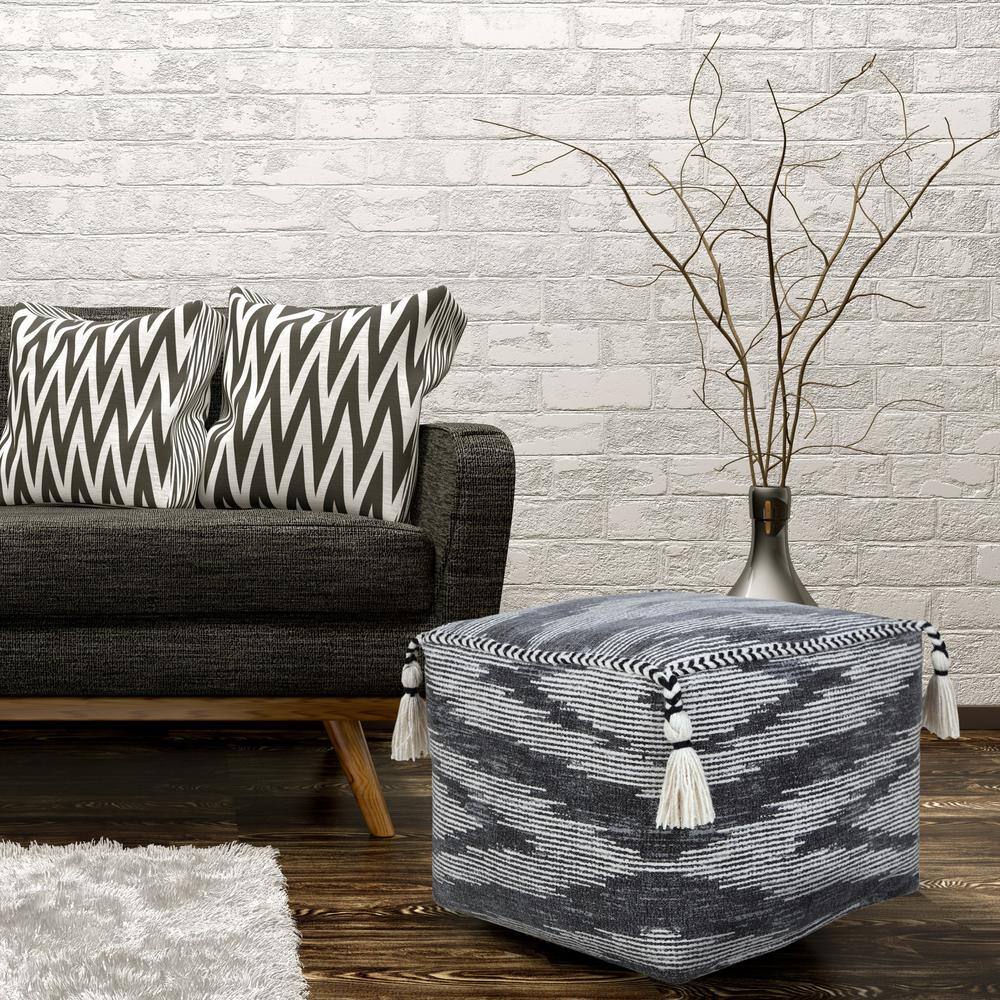 Gray and Ivory Cotton Geometric Pouf with Tassels