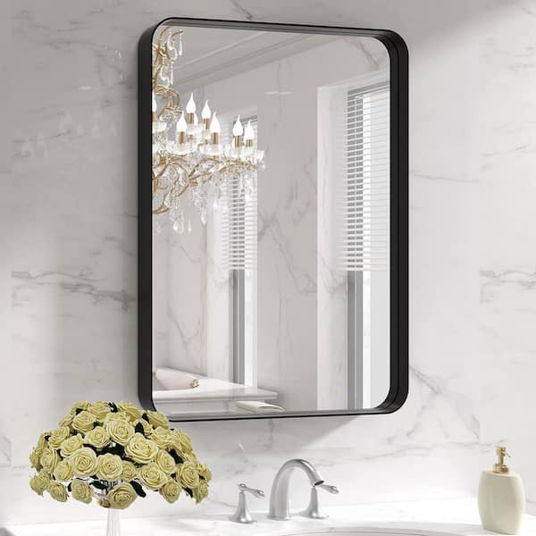 Apmir 22 in. W x 30 in. H Rectangular Aluminum Alloy Framed and Tempered Glass Wall Bathroom Vanity Mirror in Matte Black