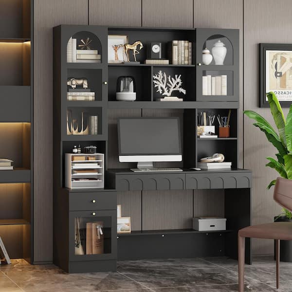 FUFU&GAGA 62.4 in. W 2-in-1 Wood Computer Desk Black Writing Desk 79.1 in. Tall Bookshelf, -Drawers, Door Cabinet Home Office