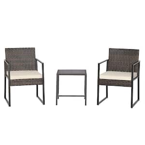 3-Piece Wicker Outdoor Bistro Patio Rattan Hand-Woven PE Bistro Set Furniture Set with Table and Off White Cushion