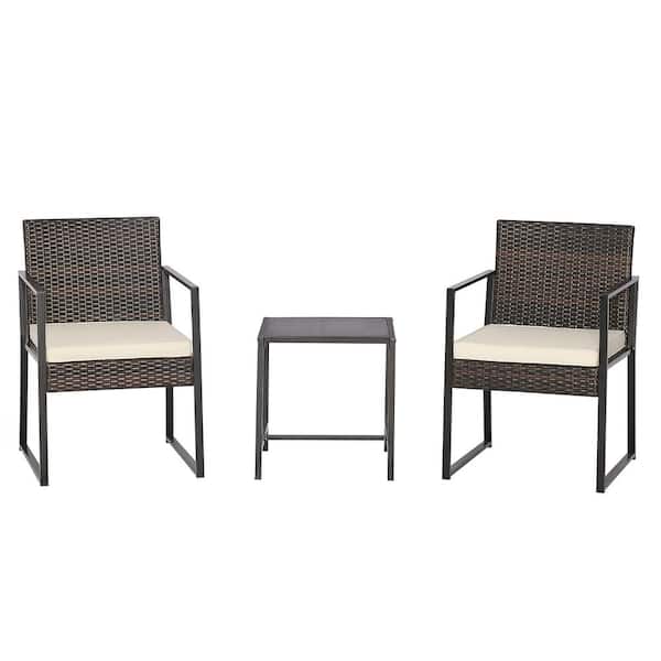 Gymax 3-Piece Wicker Outdoor Bistro Patio Rattan Hand-Woven PE Bistro Set Furniture Set with Table and Off White Cushion