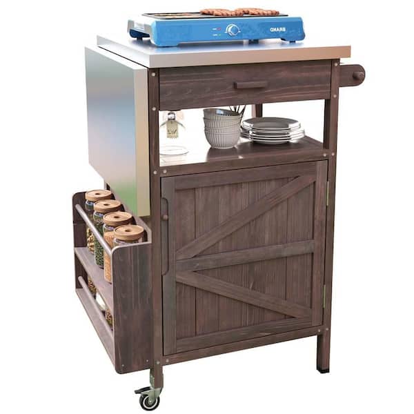 Zeus & Ruta 40.5 in. Brown Outdoor Grill Cart with Stainless Steel Top, Drop Leaf, 1-Drawer, Towel Rack, Lockable Wheels