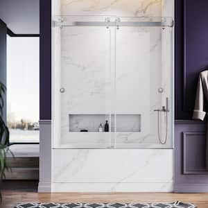 UKD01 61 to 65 in. W x 66 in. H Double Sliding Frameless Bathtub Door in Brushed Nickel with EnduroShield Clear Glass