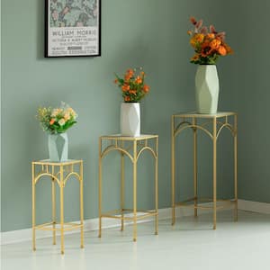 Decorative Gold Metal Square Plant Stand, Modern White Marble Look Top Display End Side Table