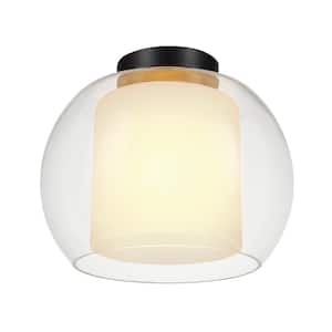 Aura 12 in. 1-Light Bronze Semi-Flush Mount with Clear Glass Outer Shade and Frosted Glass Inner Shade