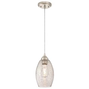 1-Light Brushed Nickel Mini Pendant with Clear Crackle Glass Shade