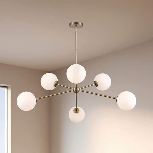 39 in. 6-Light Gold Sputnik Pendant Light Fixture with Frosted Glass Globe Shades