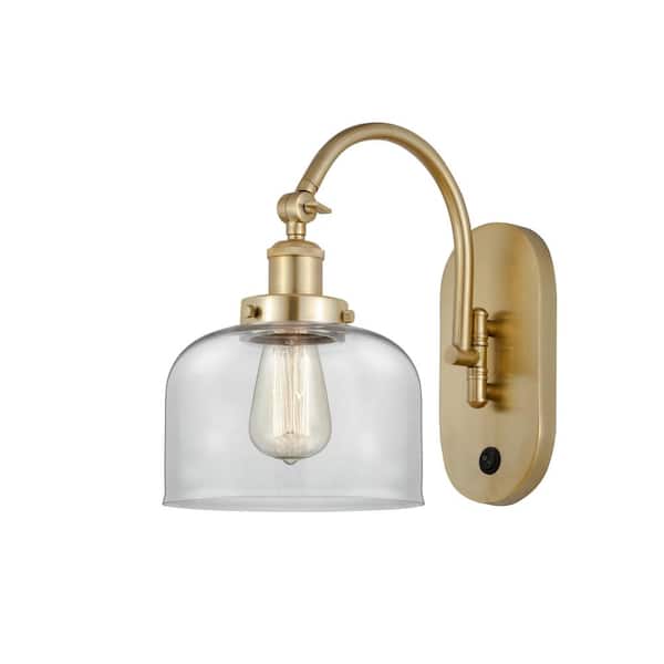 Bell 1-Light Satin Gold, Clear Wall Sconce with Clear Glass Shade