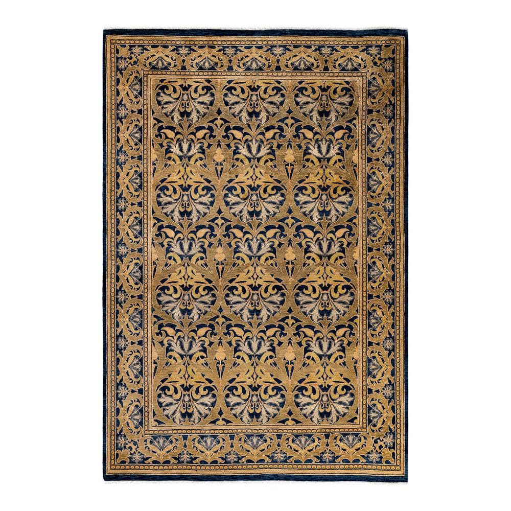 Hand-Knotted Blue and Gold Wool Geometric Area Rug