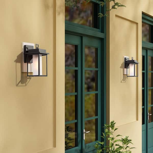 Modern Black Outdoor Light Fixtures, 1-Light Textured Square Outdoor Wall Lantern Sconce with Frosted Glass Shade