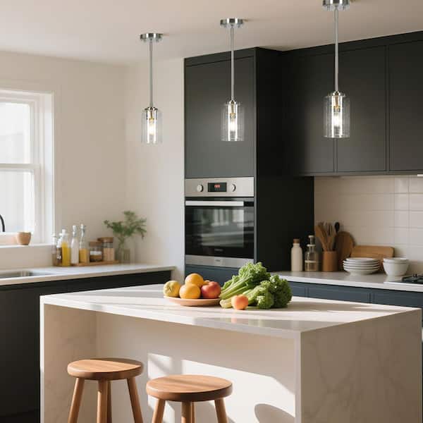 Modern 1-Light Silver Nickel Cylinder Mini Pendant Light with Seeded Glass Shade for Dining Room Kitchen