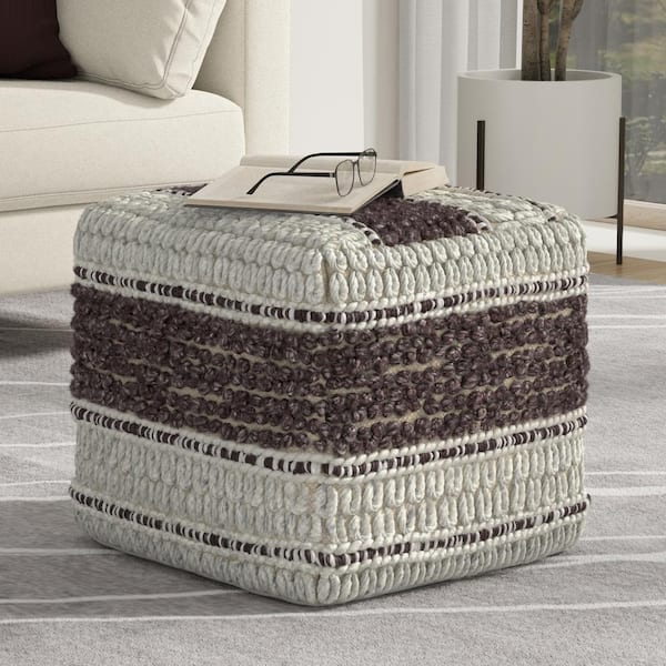 Simpli Home Grady Contemporary Magenta and Natural Handloom Woven Fabric Square Pouf