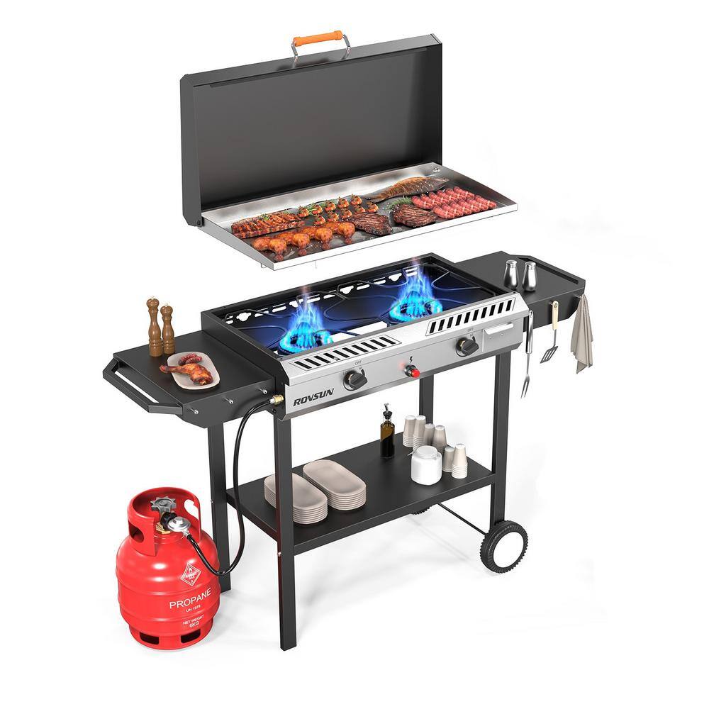 2-in-1 Propane Stove & Griddle Combo with Ignition & Regulator, 2 Burner Gas Cooker & Grill for Outdoor Cooking Grilling