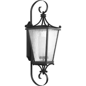 Cadence Collection 1-Light Textured Black Clear Water Seeded Glass Luxe Outdoor Extra-Large Wall Lantern Light