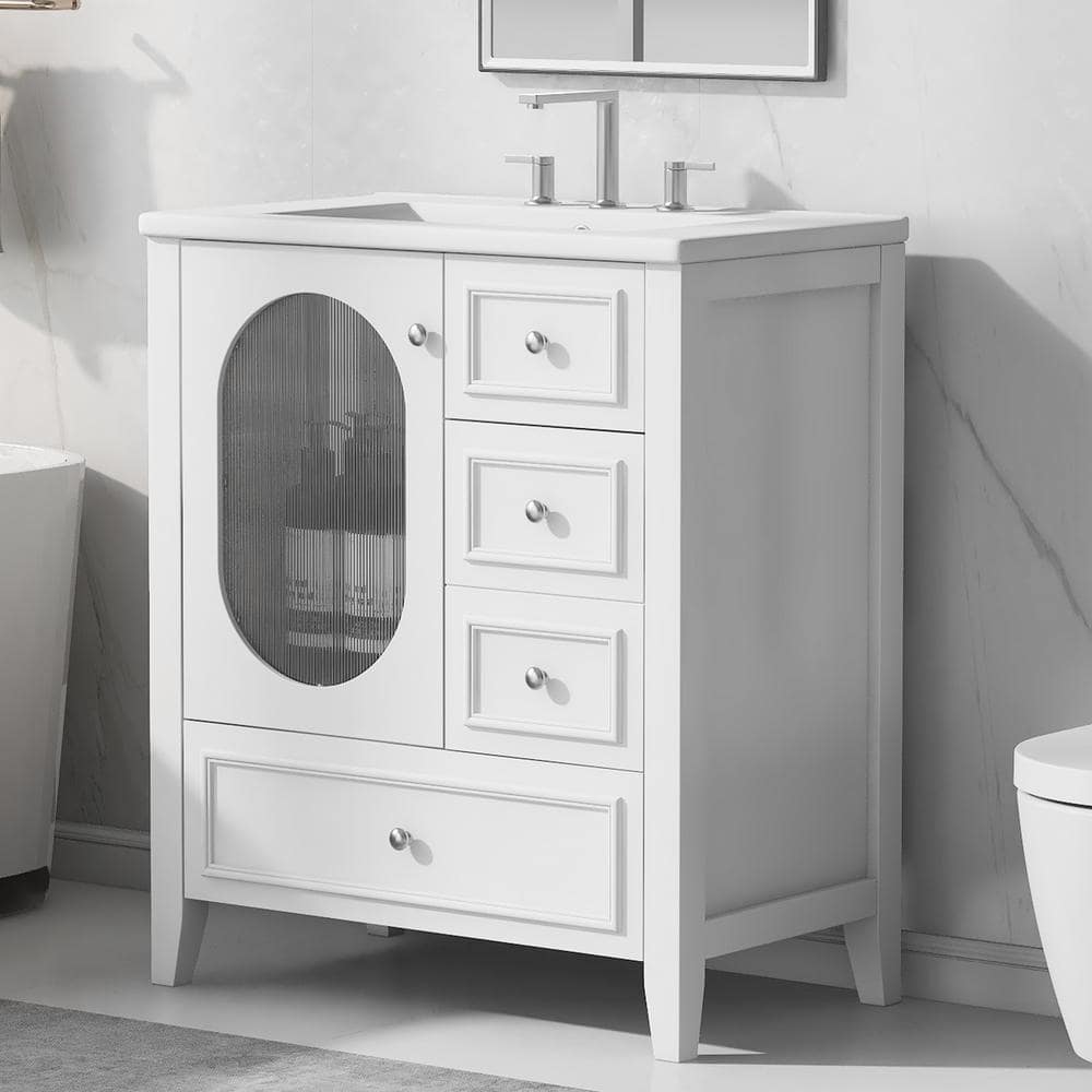 30 in. White Bathroom Vanity Freestanding with Drawers and Door, Solid Wood
