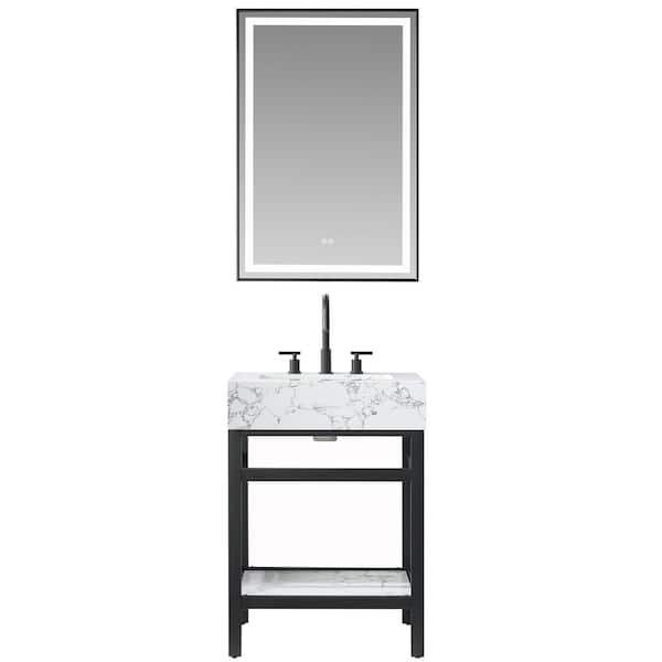 ROSWELL Ecija 24 in. W x 22 in. D x 33.9 in. H Single Sink Bath Vanity in Matte Black with White Composite Stone Top and Mirror