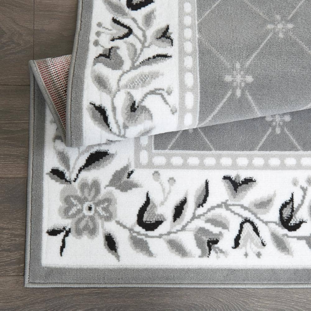 Grey and Ivory Rectangular Traditional Floral Area Rug
