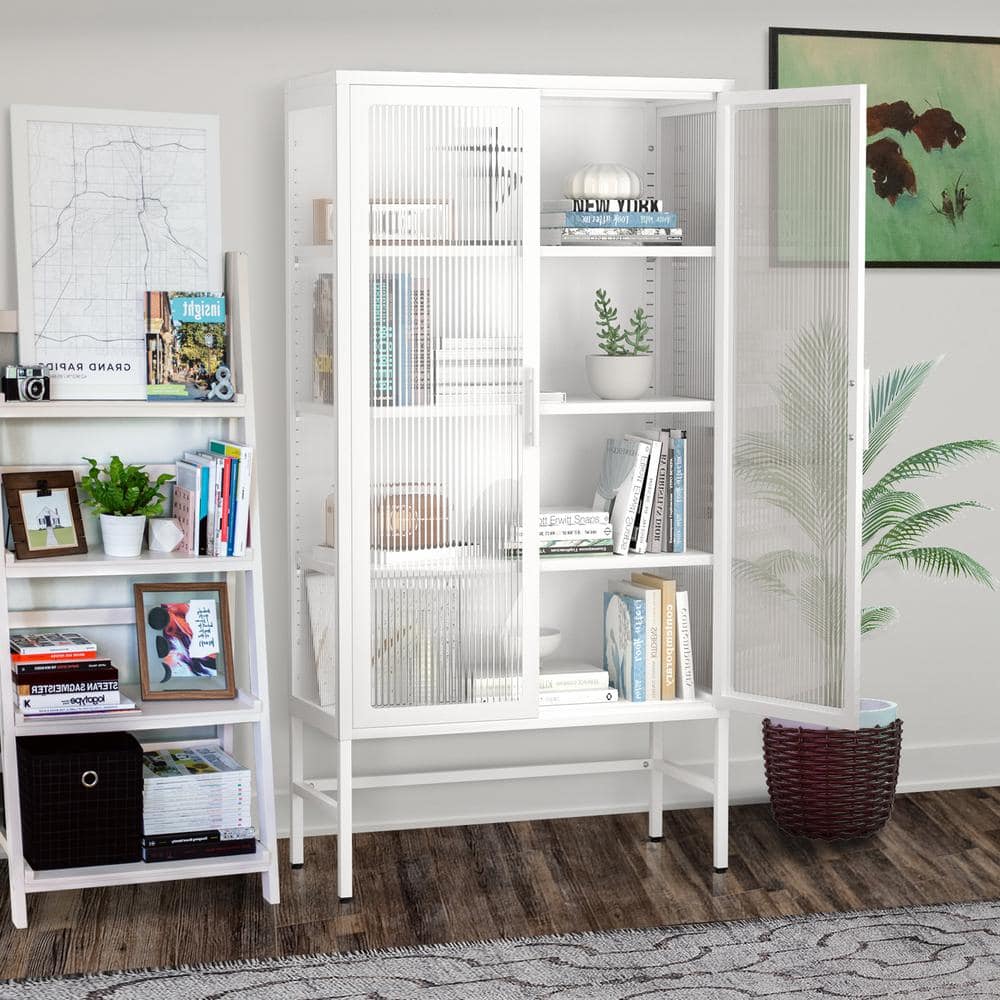 White Double Glass Door Storage Cabinet with Adjustable Shelves and Feet Co