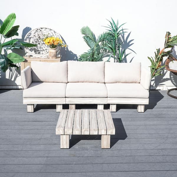 Choi 4-Piece Aluminum Outdoor Patio Wood Grain Conversation Set with Beige Cushions