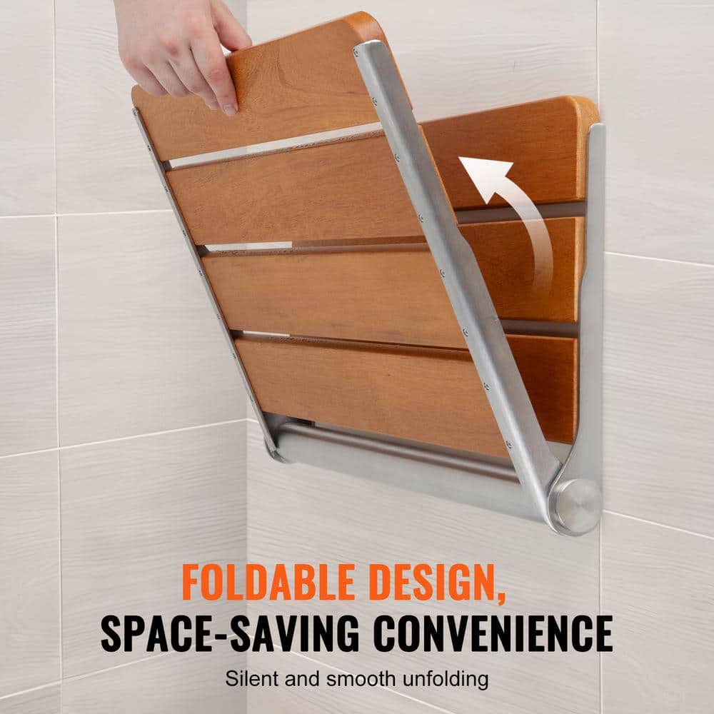Wall-Mounted Teak Wood Folding Shower Bench, 20.9 x 16 inches