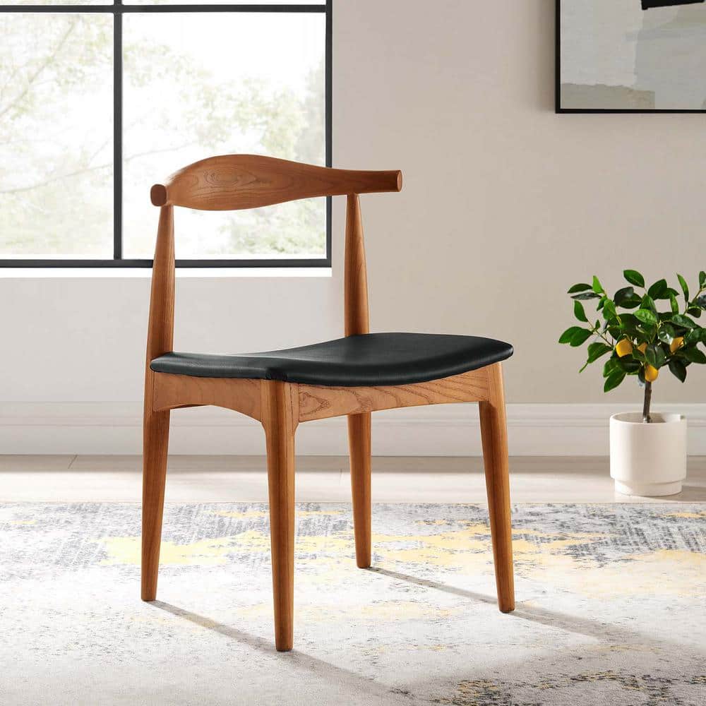 Mid-Century Curved Black Faux Leather and Wood Side Chair